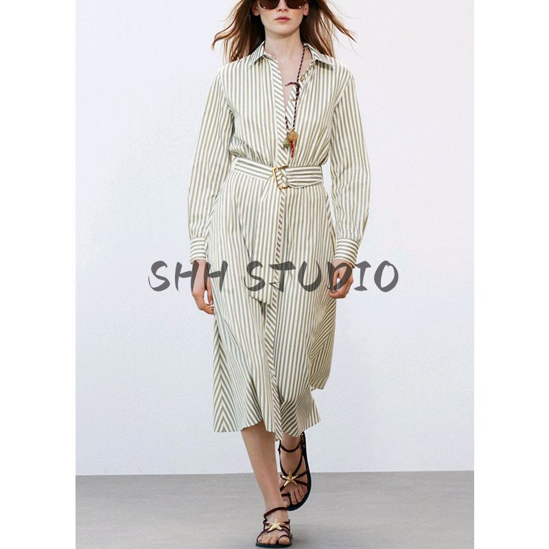 Spring and Summer New Women's Clothing Lapel Long Sleeves Shirt Style with Belt Stripes Midi Skirt Dress 2777831