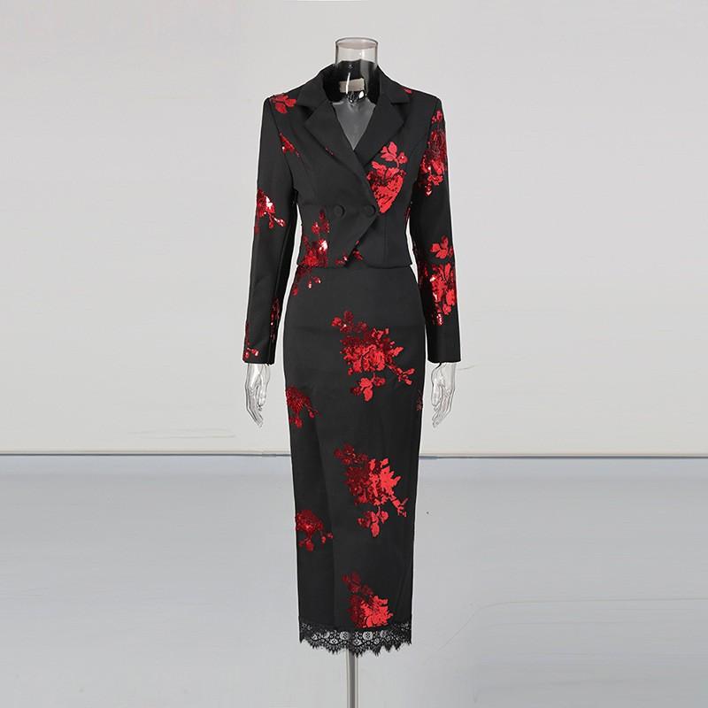 

High-end Fashion Suit Sequined Lapel Jacket + High-waist Lace Splicing A-line Skirt Two-piece Set XL красный