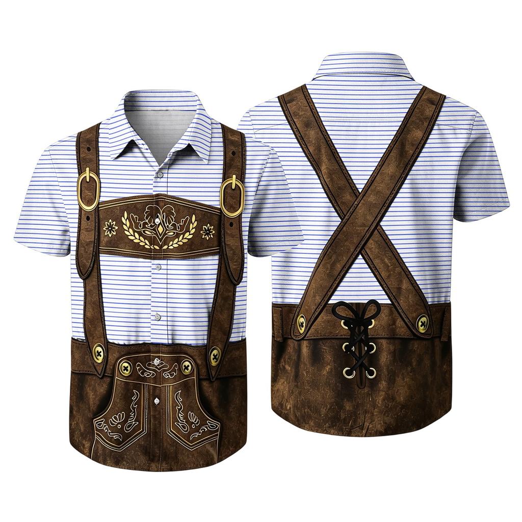 Men Short Sleeve Button Up Shirt Casual Loose Fit Festival Party Shirt with Vintage Beer Elements Print and Relaxed Open Front Design