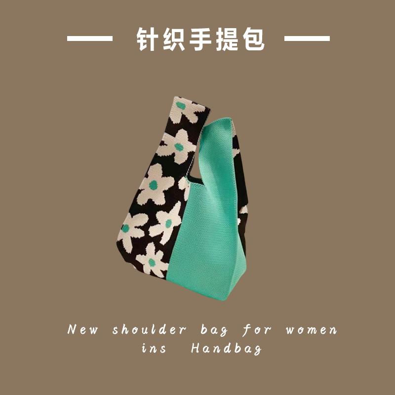 Ins Trendy Handbag Women'S Knitted Wool Bucket Bag Hand Carry Casual Tote Bag Box Lunch Bag