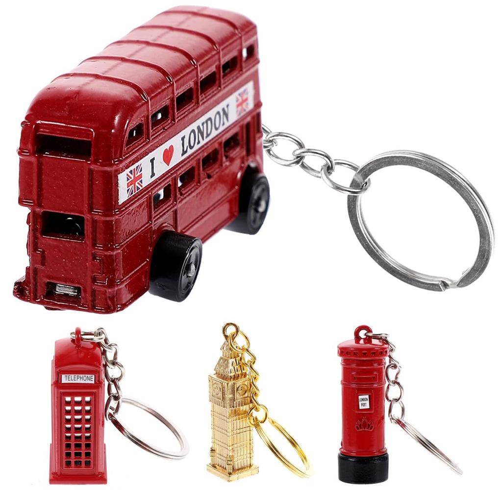 HOLIDYOYO Set of 4 Bus Model Keychains, Alloy London Telephone Booth and Double-Decker Bus Bag Charms, Unisex Keychain Pendants, 4.17" x 0.91" x 0.51"