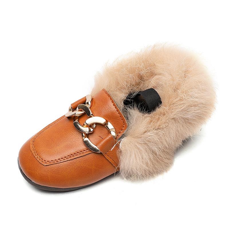 Newestwinter Girls Shoes Warm Cotton Plush Fluffy Fur Kids Loafers With Metal Chain Boys Flats Fashion Children Loafers 28