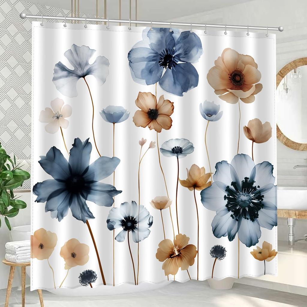 Elegant Blue & Brown Flower Waterproof Bathroom Curtain, Mildew Resistant, Fashionable Design for Home Decor,Fits Various Styles
