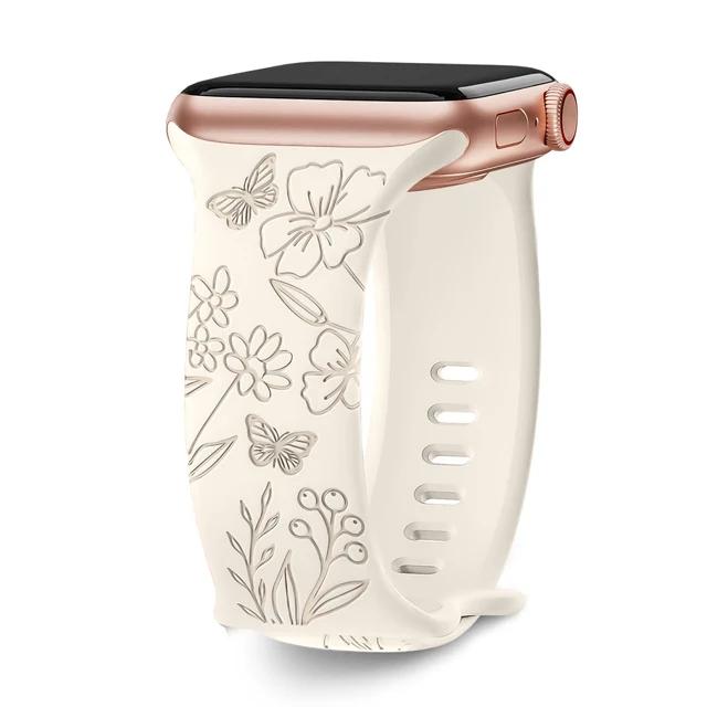 Floral Engraved Strap For Apple Watch Band 40mm 44mm 41mm 49mm 45mm 38mm 42mm Silicone Bracelet Iwatch Series 9 7 Se 6 8 Ultra 2