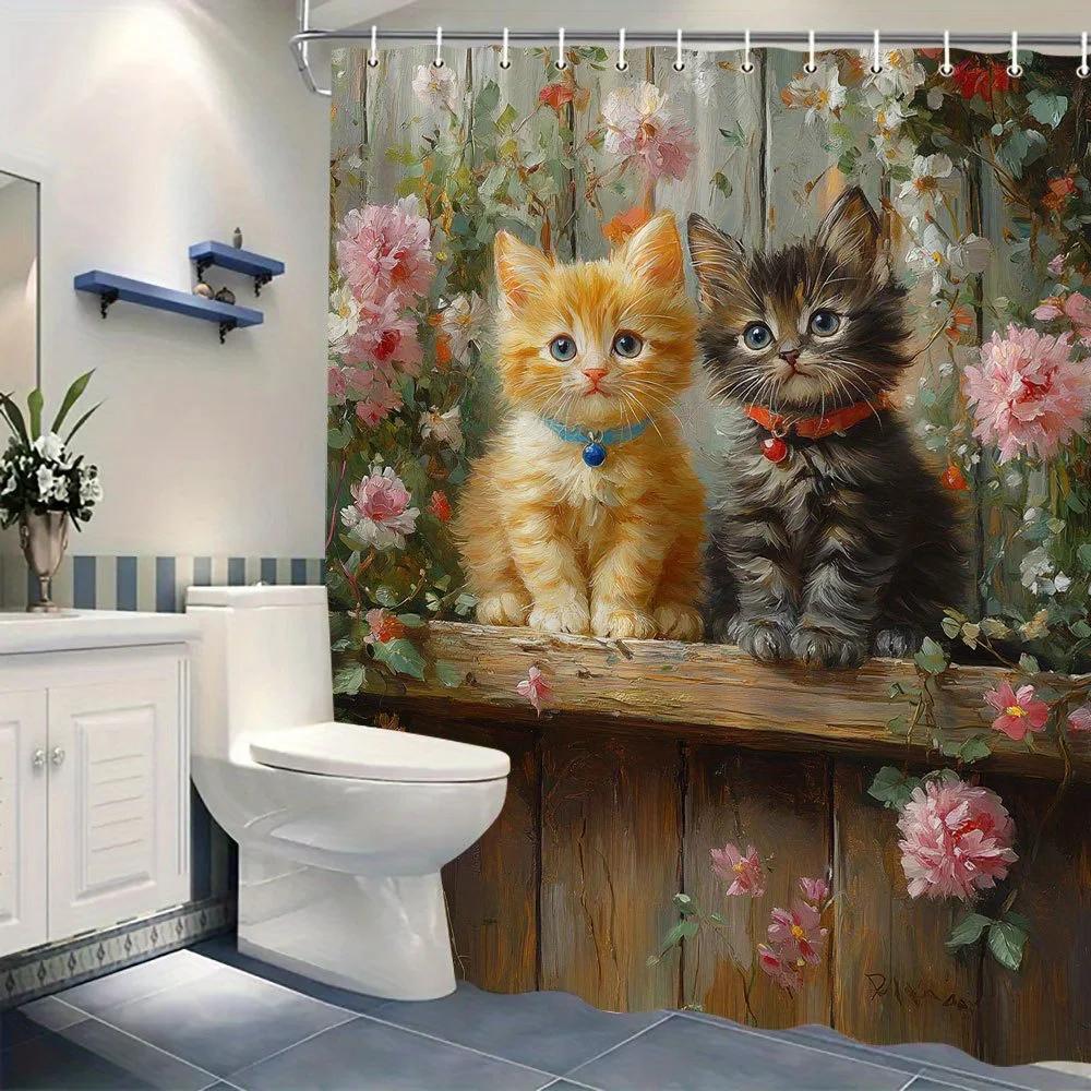 Polyester Bath Curtain - 70x70 Inches, Orange & Gray Kittens with Pink & White Flowers, Realistic Whimsical Design, 12 Hooks
