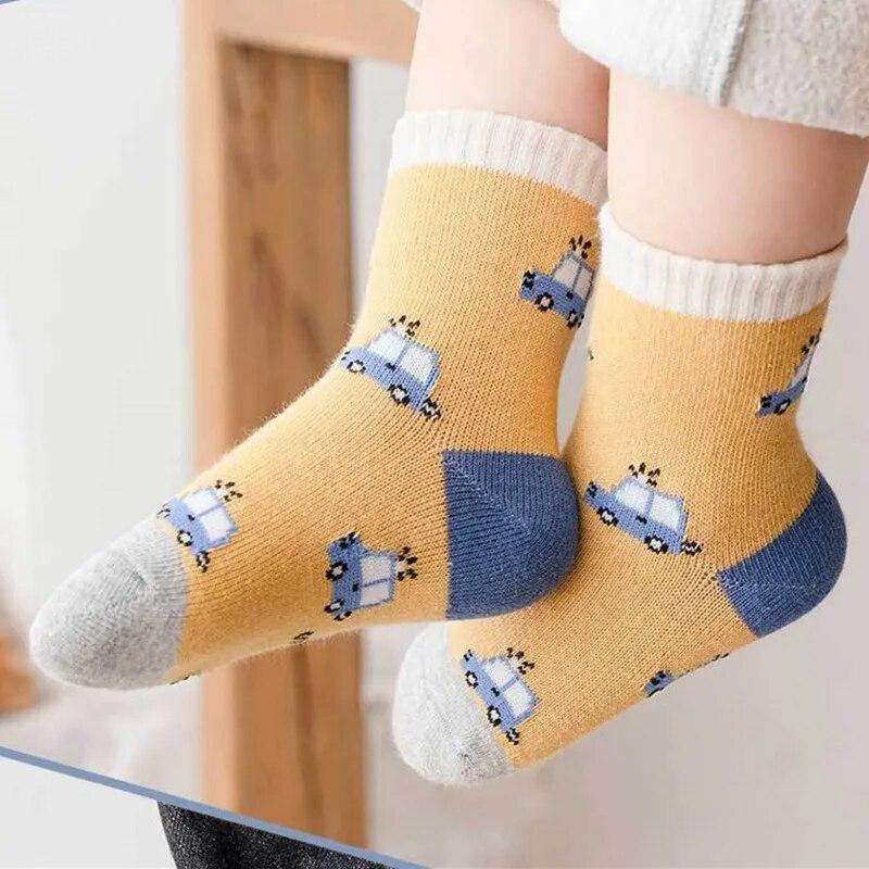 5 Pairs Kids Cartoon Striped Cotton Socks Spring Autumn Baby Boys Girls Breathable Knitted Crew Socks For Toddlers Age 1-8 Years