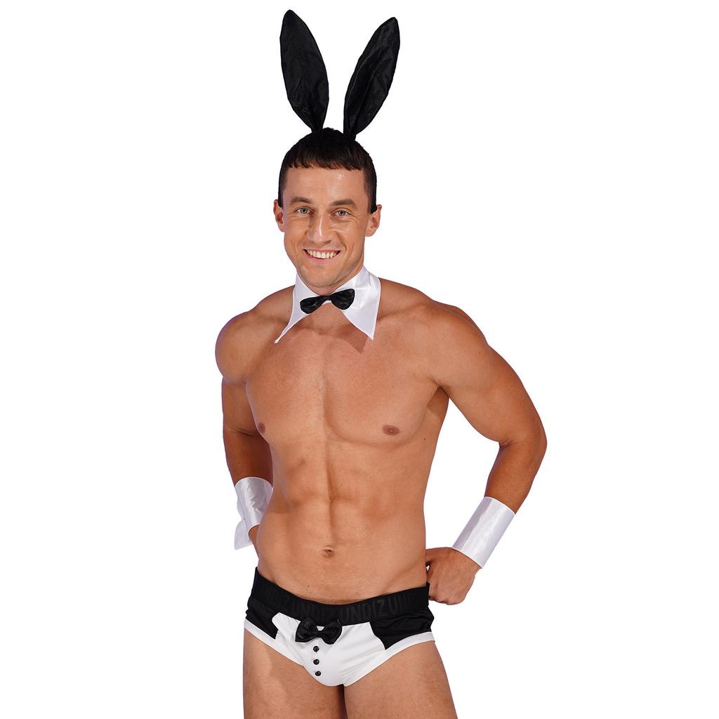 Mens Lingerie Set Bowknot Briefs Bunny Ears Headband Bowtie Collar Cuffs Halloween Costume