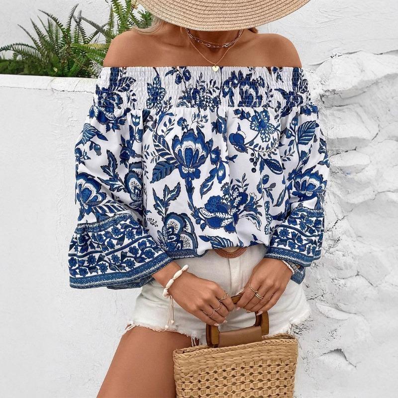Women's Spring Summer One Shoulder Strapless Floral Print T-Shirt