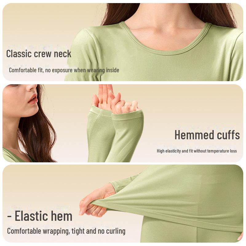 Women's Seamless Thermal Underwear Set - Antibacterial, High Elastic, Plus Velvet, Thin, Long Sleeve, Round Neck, Cotton Blend, Autumn.