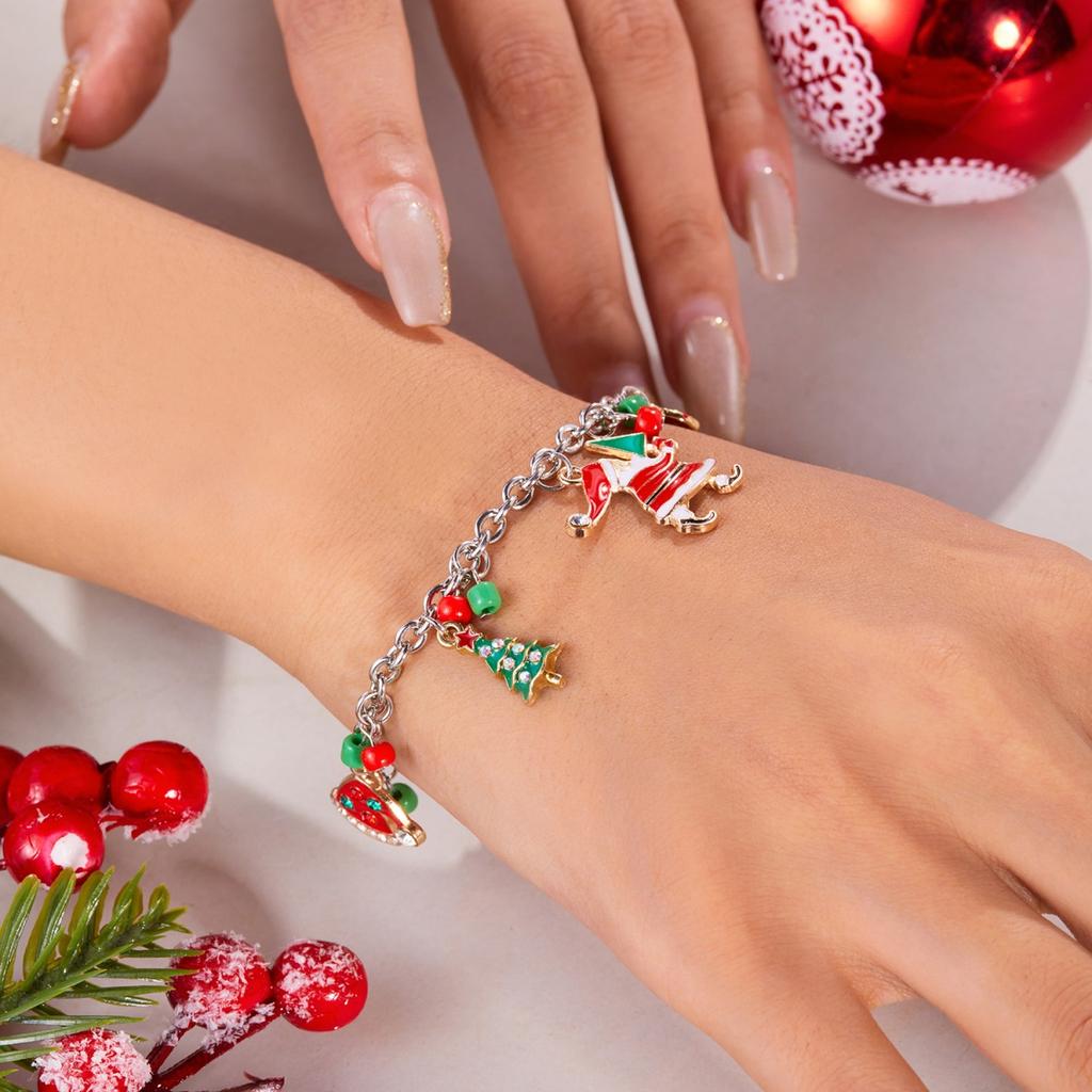 Christmas Santa Claus Snowman Tree Sock Pendant Bracelet Hat Deer Wreath Crystal Beads Tassel Bangle For Women Men Jewelry Gift