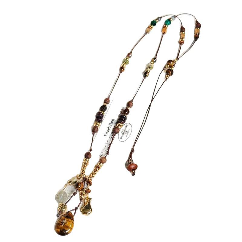 Tiger Eye Teardrop Beaded Necklace - Ethnic Style Retro Sweater Chain, Light Luxury High-End Accessory
