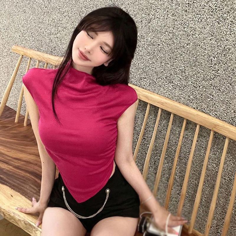 

Женская футболка с высоким воротником и короткими рукавами, нерегулярный многослойный дизайн, облегающие топы с поясом S