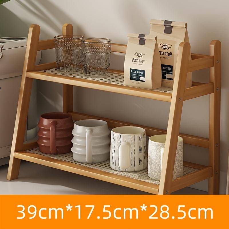 1pc Bamboo Storage Rack - 2-Tier Organizer for Mugs/Plants/Books | Woven Beige Design, Compact for Kitchen/Office/Dorm