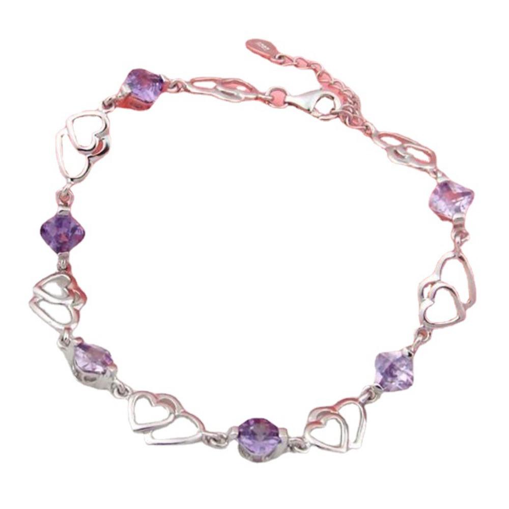 Double Heart Amethyst Bracelet Silver Plated Jewelry Elegant Wrist Accessory for Women