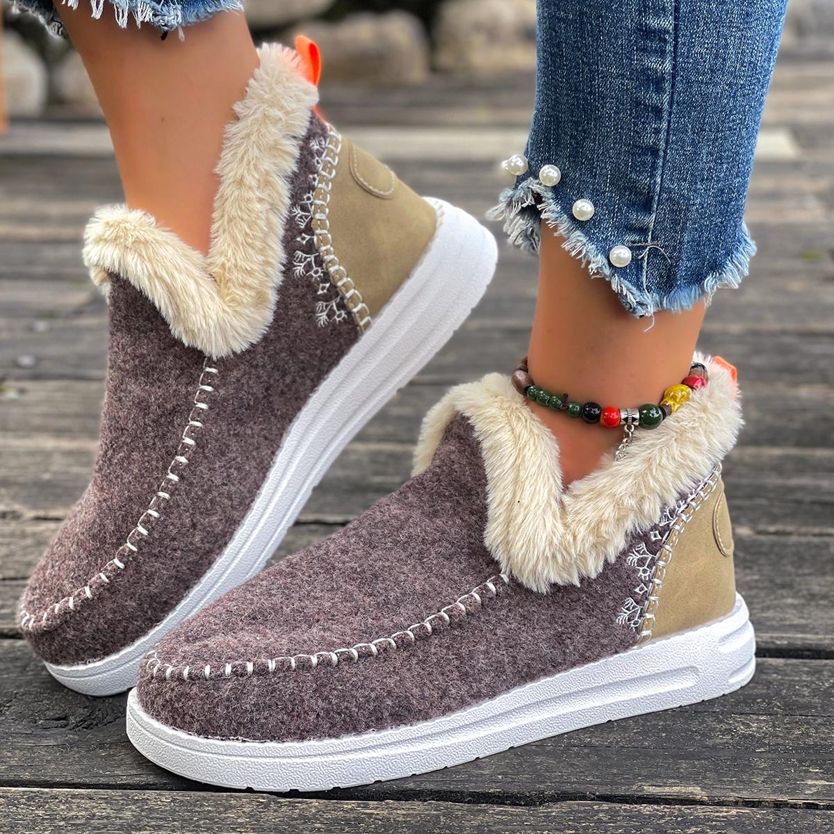 

Fashion Thickened Round Toe Fleece Lined Fur Snow Boots Women Flat Bottom Autumn Winter Style Plush Booties Comfortable Shoes for Women 36