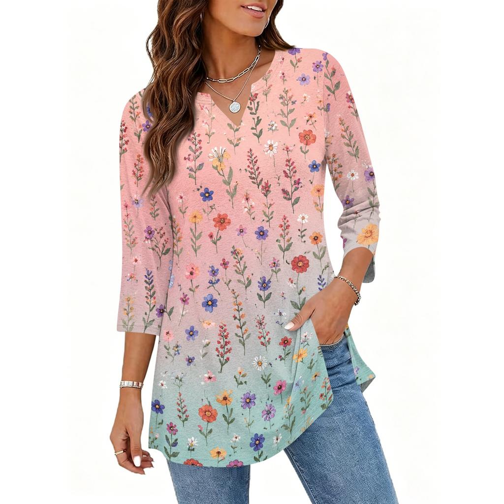 Womens Casual V Neck 3/4 Sleeve Pullover Tunic Top Floral Print Mid Length Blouse Lightweight Comfortable Fit