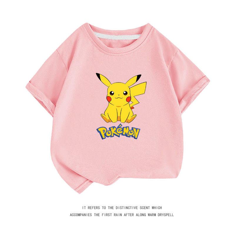 Summer New PokémonPikachu Shortsleeved Tshirt for Boys and Girls Middlesized and Largesized Cartoon Casual Top Trendy Design