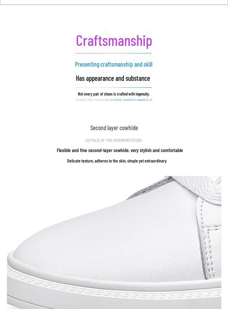 Men's Plus Size Korean Style Casual Cowhide Low-Top Lace-Up Sneakers - Trendy All-Season White Shoes