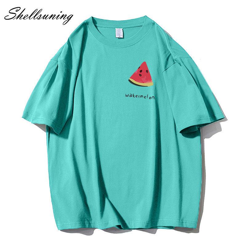 Shellsuning Tricouri casual din bumbac de vară cu decolteu în formă de O Tricouri cu grafic pentru femei drăguț pepene verde pentru femei, simplu, la modă, cu mâneci scurte, topuri fete
