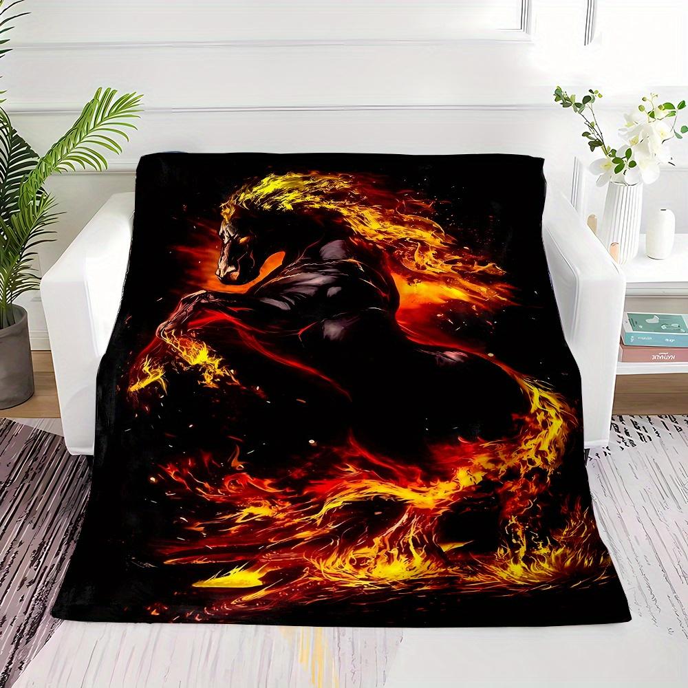 Cozy Black Flame Horse Print Reversible Flannel Throw Blanket - Ultra-Soft, Warm, and Lightweight for Snuggling Up on Couch