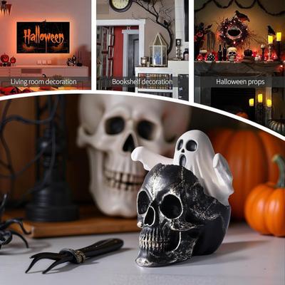 Yousheng Mini Skull Head with Ghost Figurine Spooky Skeleton Head Ghost Halloween Decor for Gothic Porch Indoor Office Desk Tabletop Mantel Decoration