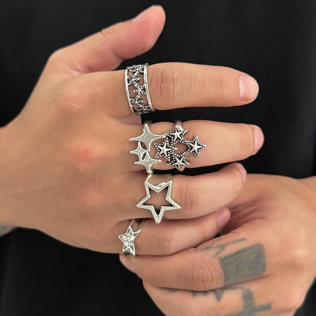 Exaggerated Personality Five-Pointed Star Ring Set for Men, Trendy High-End Hip-Hop Niche Rings for Men