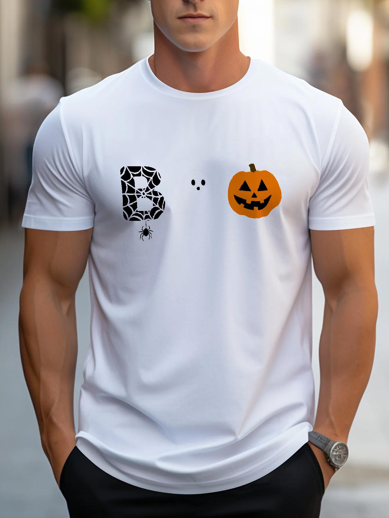 Mens White TShirt Halloween Boo Pumpkin Spider Web Printed High Quality Cotton L