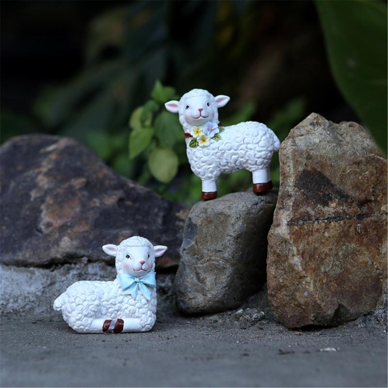 2Piece Resins Sheep Figurines Miniature Animal Ornaments for Enchanting Garden Landscape Decors and Home Desktop Display