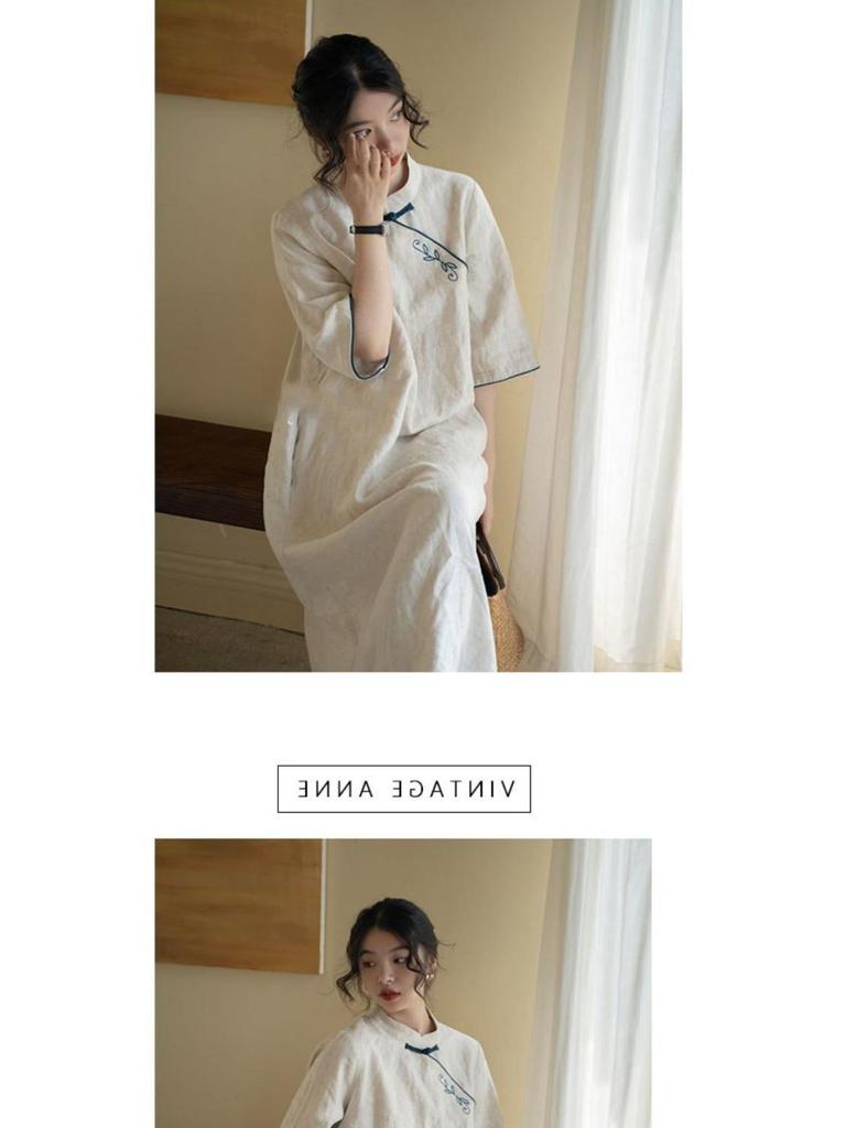 Women's 2024 Summer Retro Embroidered Cheongsam Dress with Stand Collar