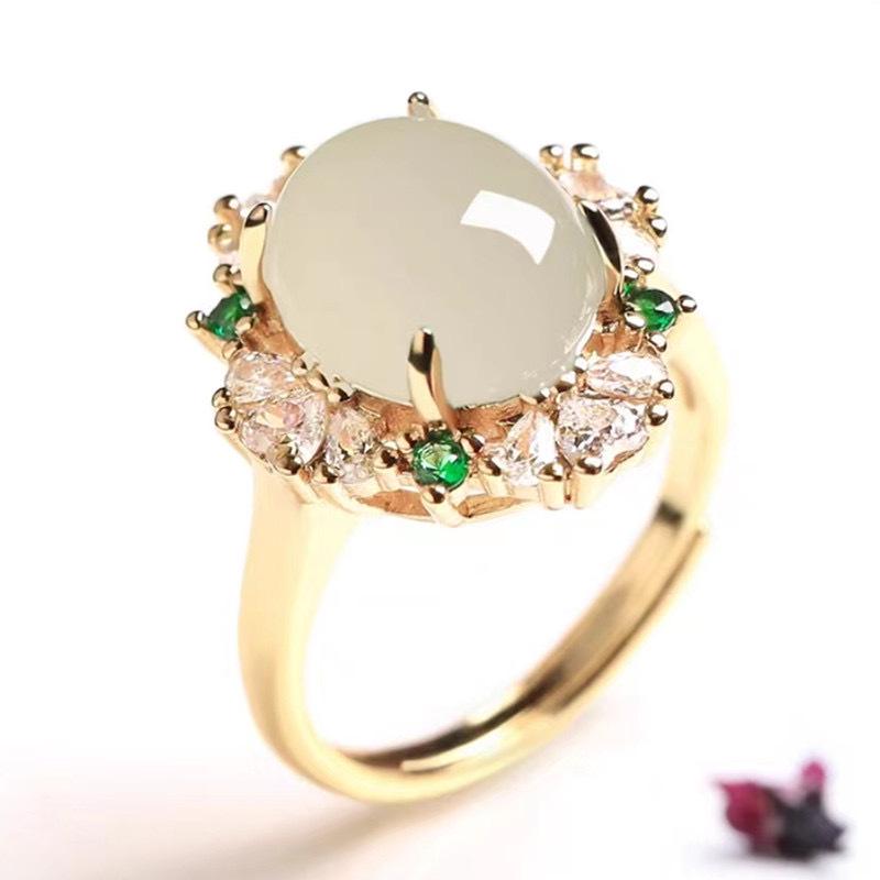 Bague Ajustable Calcédoine & Agate de Glace Forme Libre pour Femmes avec Incrustations en Forme d'Œuf et Placage Argent 925