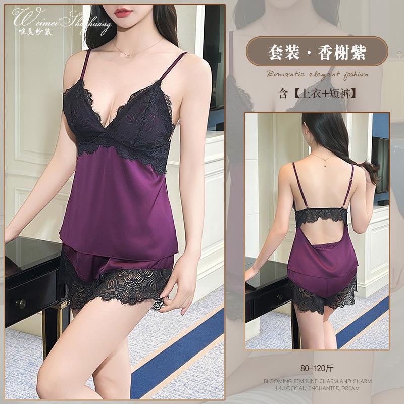 Sexy female ice silk pure desire wind summer suspender shorts with chest pad backless deep V suit set