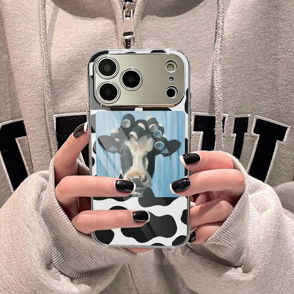 Coque de téléphone mode vache drôle pour iPhone 17 16 15 14 13 12 Pro Max Plus Coque bumper antichoc en métal galvanisé Dos en verre