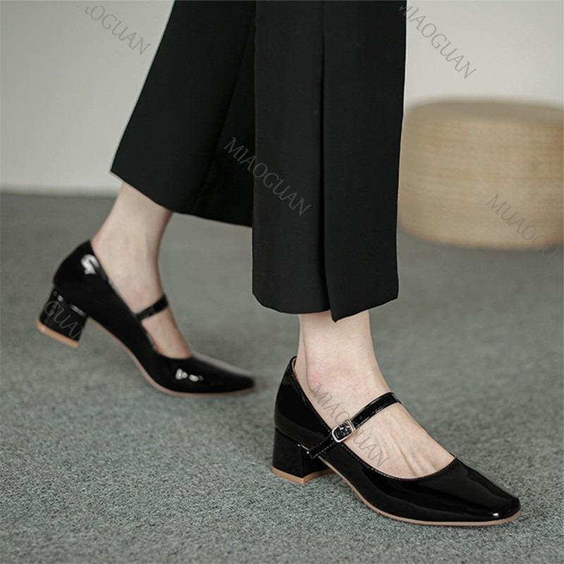 Fashion New Women's Red Black Mary Janes Shoes Leather Thick Middle Heel Dress Shoes Square Toe Shallow Buckle Strap Women's Pumps Shoes