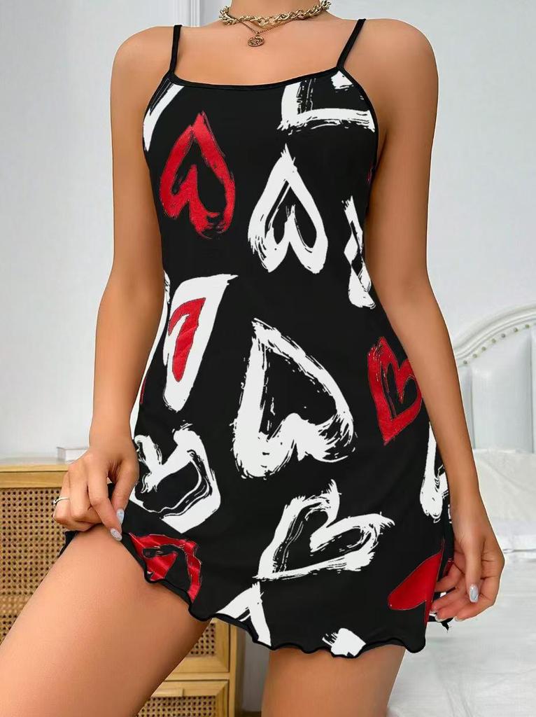 2025 Valentine's Day Red Heart Print Camisole Nightdress for Women