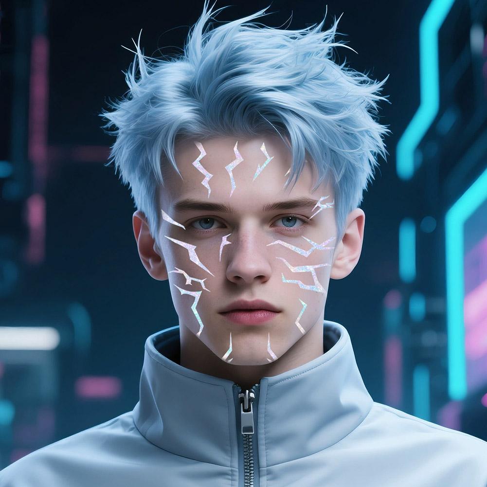 Anime Purple Makeup Tattoo Stickers, Full-body Laser Lightning Stickers of the Devil Boy Band for Parties, Festivals, Costume