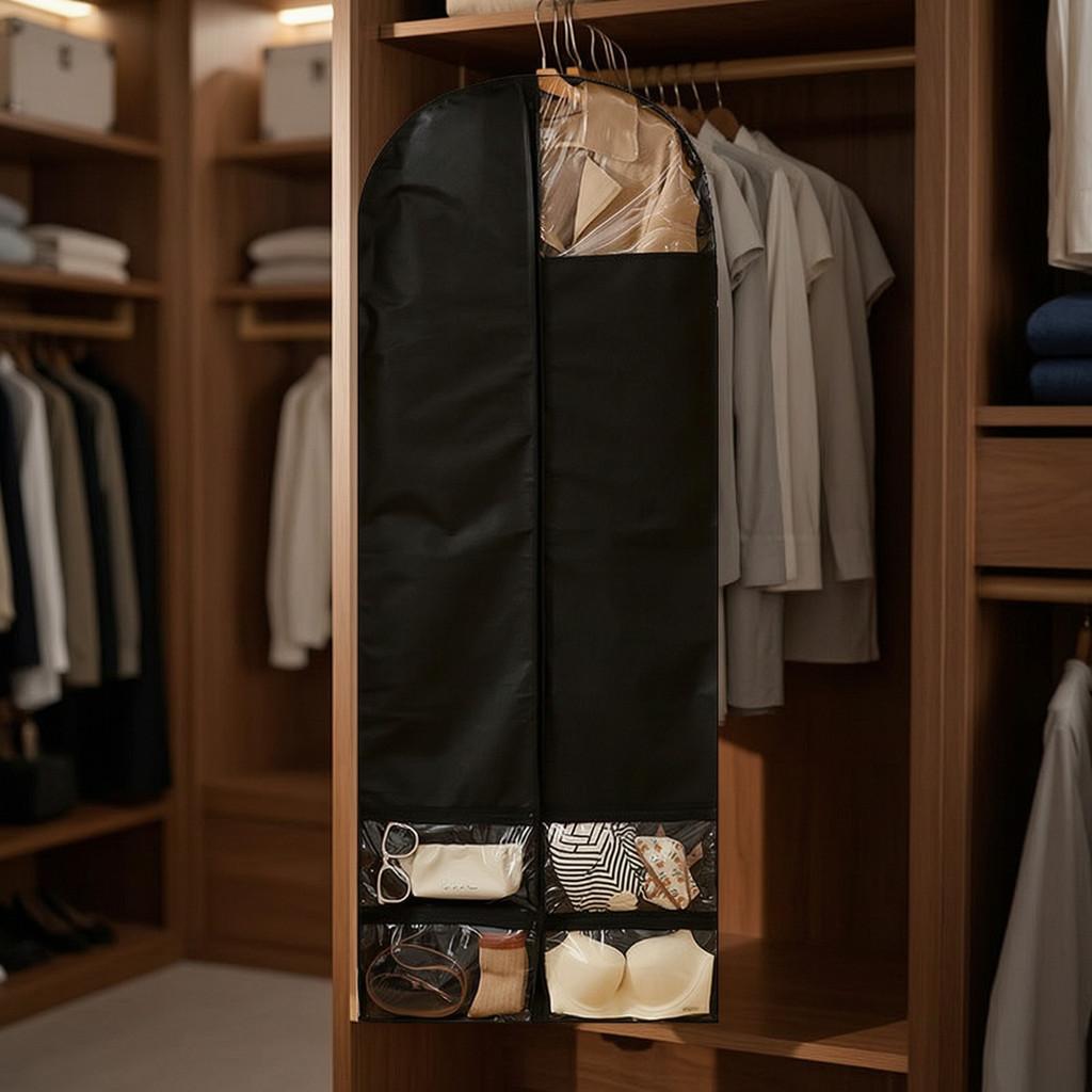 Non Woven Fabric Wardrobe Dust Cover With Multi Pocket Storage For Home And Travel Use