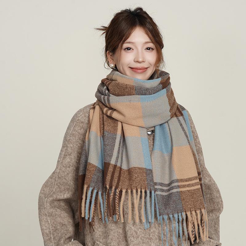 Bufanda de Cachemir Sintético para Mujer - Chal Cálido, Grueso a Rayas y Cuadros para Otoño e Invierno