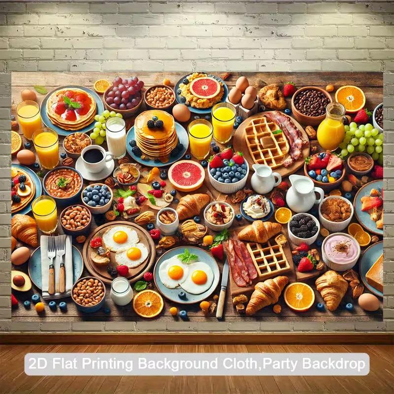 

2D Kitchen Themed Backdrop, Colorful Breakfast Buffet with All Morning Foods Banner 47.2x31.5inch/120*80cm