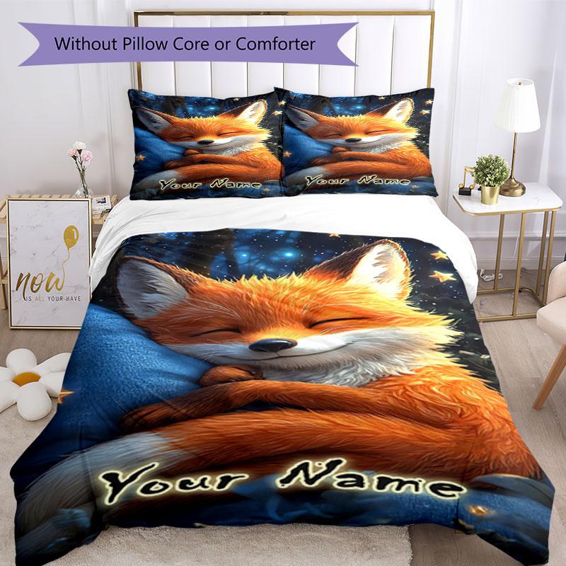 3pcs Custom Name Fox Dreams Stars Bedding Set Printed Bedding Set Duvet Cover Closure Includes 1 Duvet Cover & 2 Pillowcases Bedroom Decor