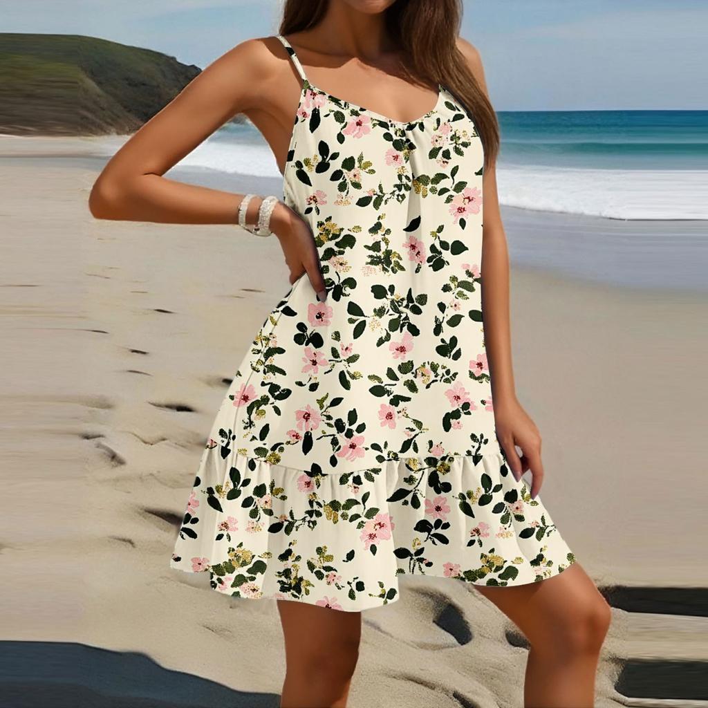Women's Fashion Casual Sleeveless Round Neck Loose Floral Print Beach Dress