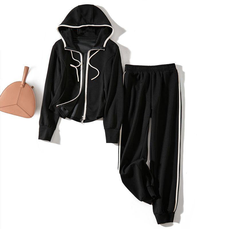 

Pursuit of Quality Life Fashion Suit Thick! Women s Shoulder Contrast Color Side Stripe Hooded Outwear with Baggy Pants Fall and Winter Black 4XL