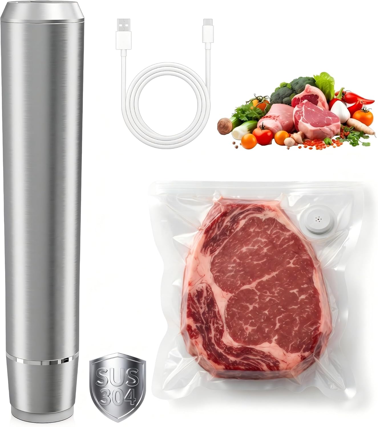 

Vacuum Sealer, 304 Stainless Steel Food Saver Vacuum Sealer Machine with 10 Reusable Bags & Adapter, United States
