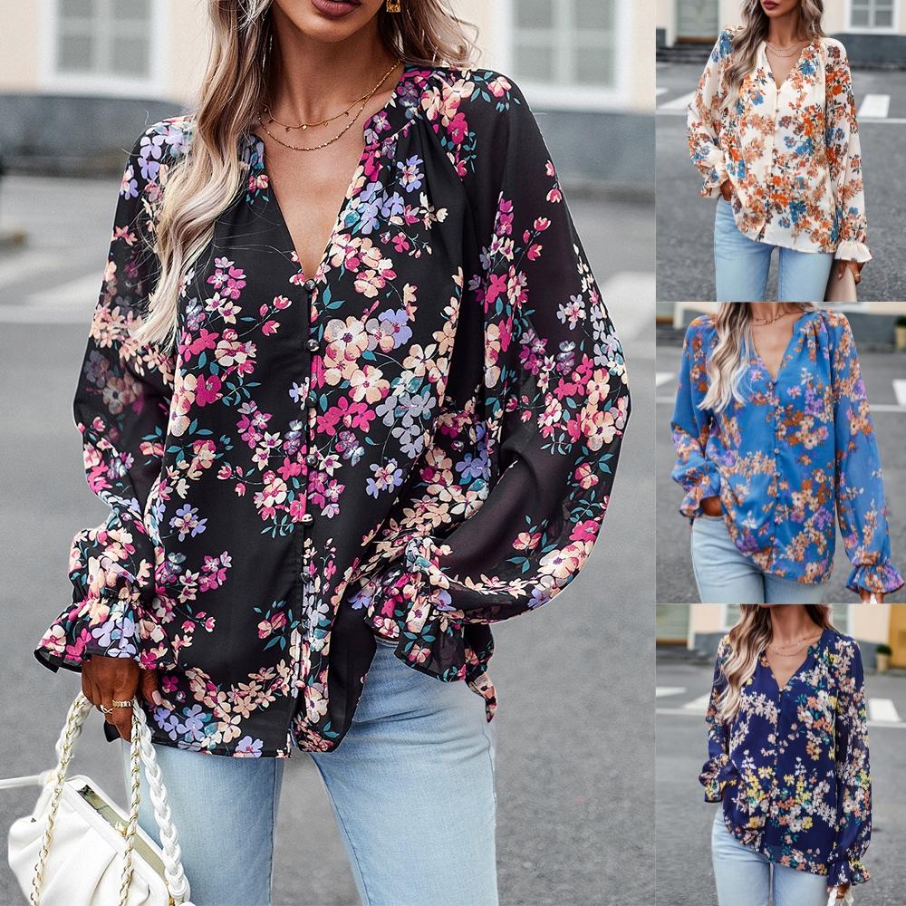 

Женская блузка с v-образным вырезом и цветочным принтом в стиле бохо, женские повседневные свободные топы с длинным рукавом для работы