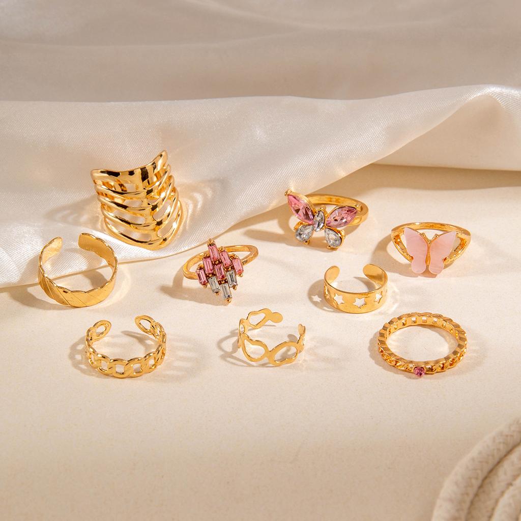 European and American New Pink Butterfly Diamond Ring Set Sweet Animal Love Cut-out Nine-piece Ring Set for Women