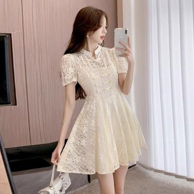 Vintage Stand-collar Puff Sleeve Lace Dress with Frog Buttons, Summer Sexy Cutout-waist A-line Skirt with a Short Skirt As the Base Layer