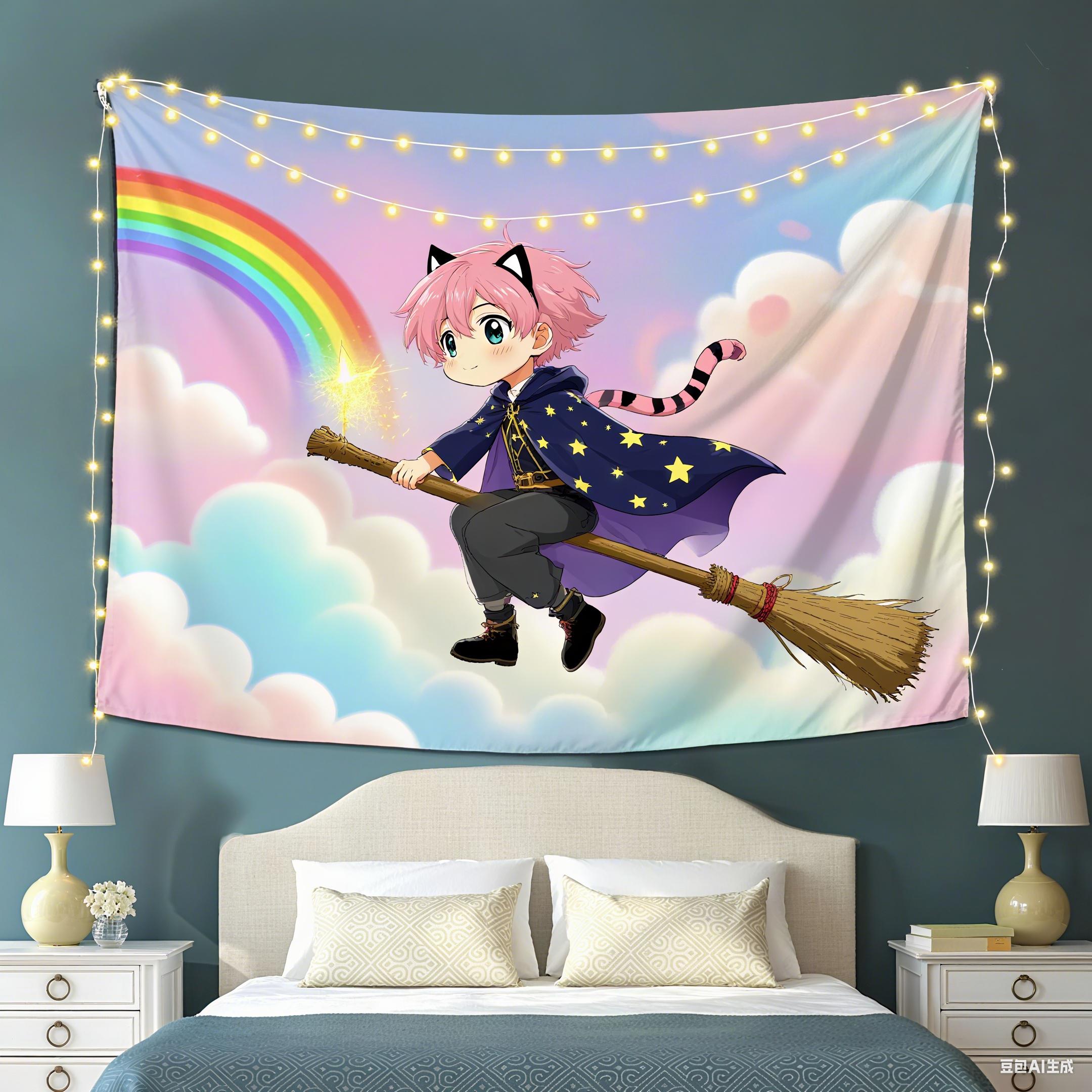 

Аниме в стиле фэнтези Мальчик-волшебник Гобелен Причудливое облако и радуга Декоративное настенное искусство для домашнего декора 29x37in