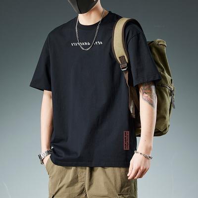 Baumwolle Schwergewicht Herren Kurzarm T-Shirt Ins Trendmarke Reine Baumwolle Einfarbig Übergröße Neu Minimalistisch Hongkong-Stil Schwarzes T-Shirt