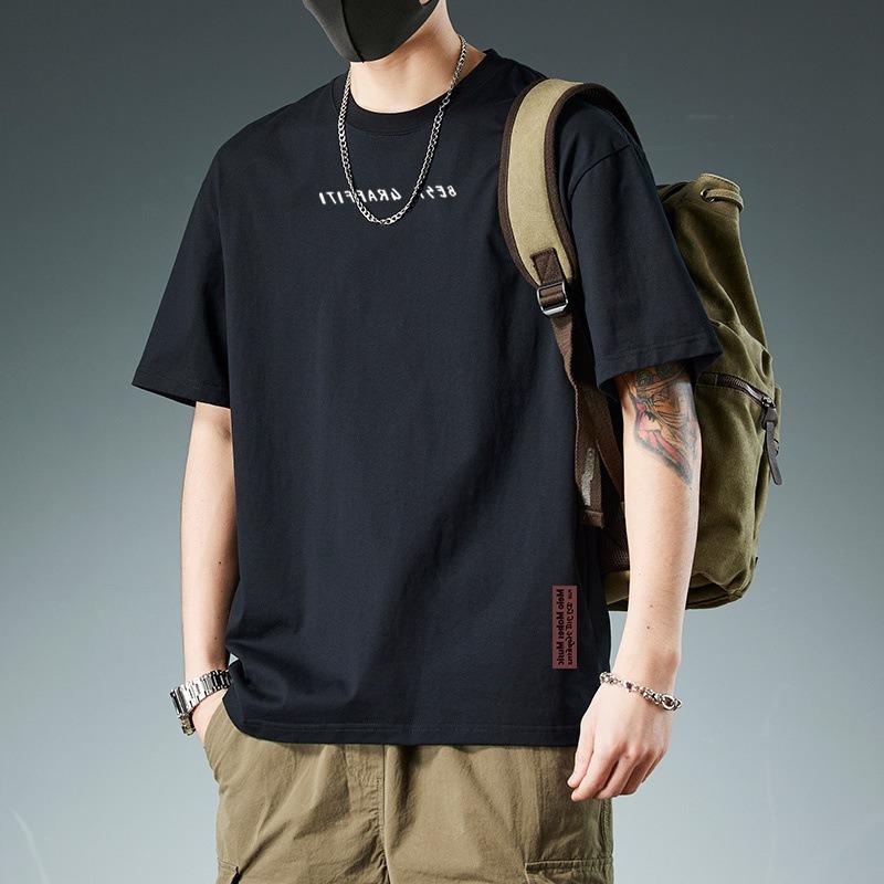 Cotton Heavyweight Men's Half Sleeved T-shirt Ins Trendy Brand Pure Cotton Solid Color Plus Size New Minimalist Hong Kong Style Black T-shirt