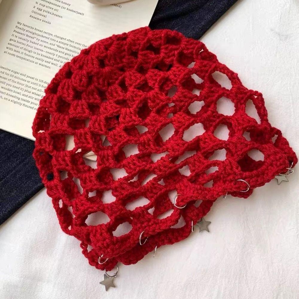 Breathable Knit Knitted Beanie Cap Hollow Design Bohemian Head Wrap  Casual Wear
