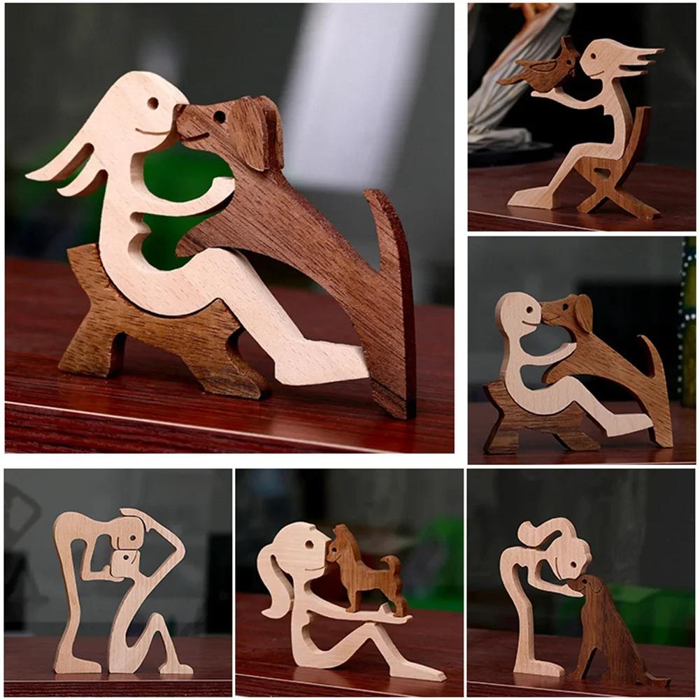 Cucciolo di Famiglia Legno Cane Artigianato Statuetta Ornamento da Tavolo Scultura Modello Decorazione Casa Ufficio Scultura Animale Regalo di Natale